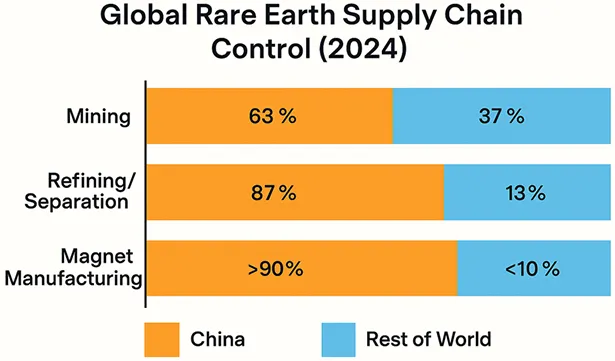 Figure 1 - China's stranglehold on REE supply - especially processed minerals and magnets.