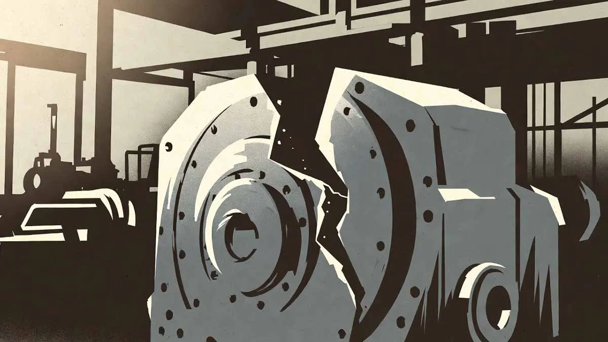 Large industrial gearbox cracked down the middle inside a manufacturing plant