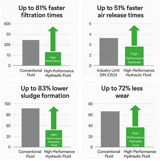 Figure 1 - High-performance biodegradable fluid delivers faster filtration, lower sludge and wear, and improved air release compared to OEM and industry limits.