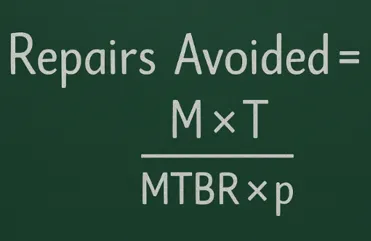 Figure 1: This is the basic formula you can use to estimate how many pump repairs can be avoided by using troubleshooting methods: MTBR = pump-years/repair, M = number of pumps in the site, T = time interval of interest, and p is the percentage of pump repairs avoided by troubleshooting.