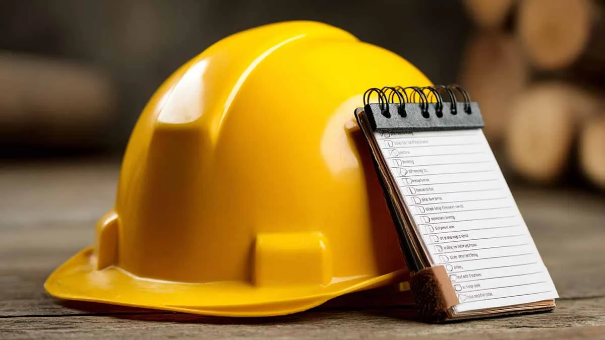 Hard hat with shopping list leaning against it