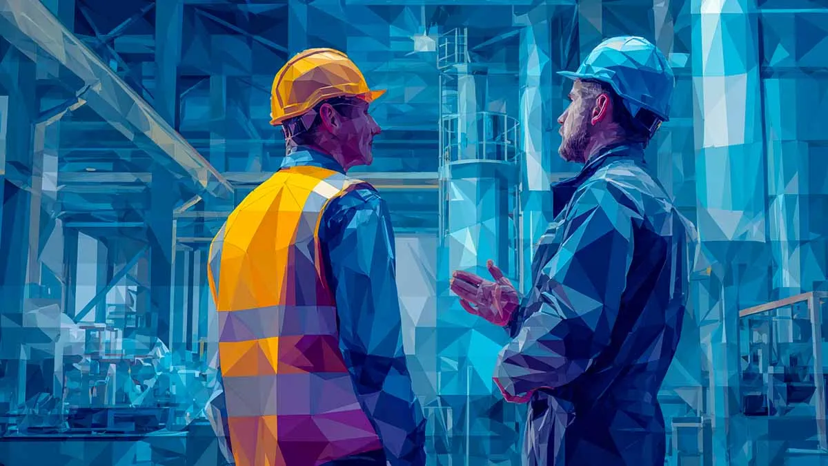 Plant manager talking to engineer on plant floor