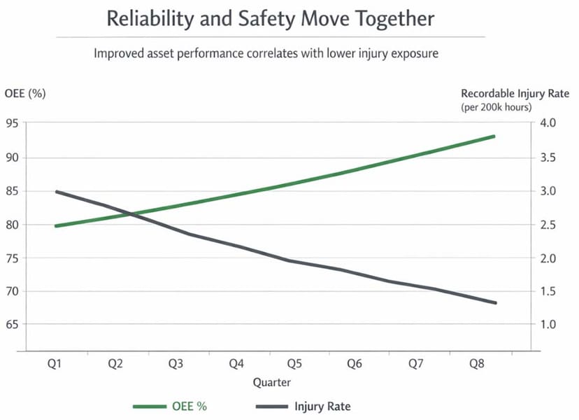 Figure 3 - As asset performance improves, injury exposure declines — reliability and safety move together.