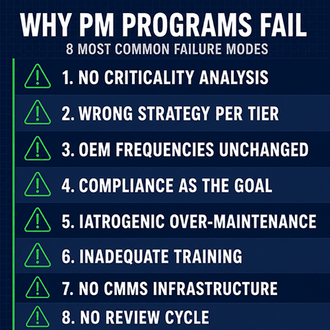 List of the eight most common preventive maintenance program failure modes including missing asset criticality, wrong strategy per tier, OEM frequencies unchanged, iatrogenic over-maintenance, and missing review cycles