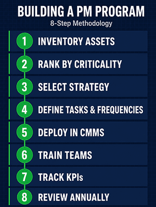 Vertical infographic showing the eight-step methodology for building a preventive maintenance program from asset inventory through annual review