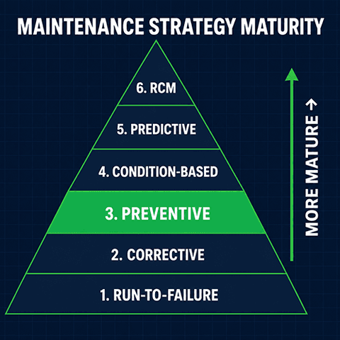 Pyramid showing six maintenance strategies from run-to-failure at the base through reliability-centered maintenance at the top, with preventive maintenance highlighted