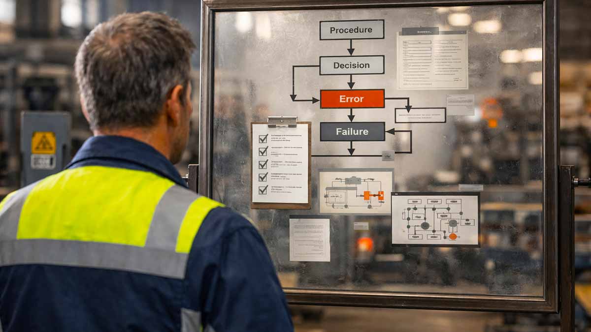 Engineer staring into a mirror with root cause analysis diagram on it