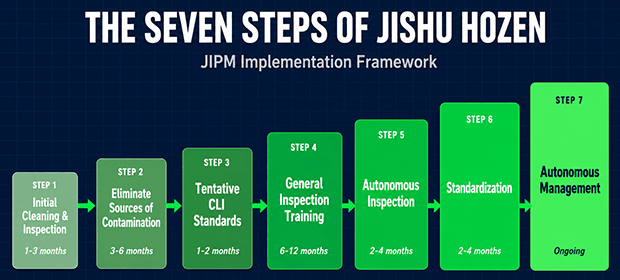 Diagram showing the seven steps of Jishu Hozen autonomous maintenance with typical implementation durations from initial cleaning through autonomous management