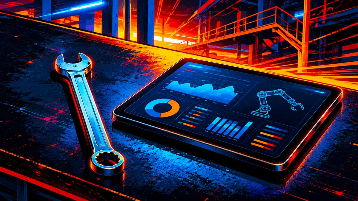 Wrench and Tablet on bench in manufacturing plant