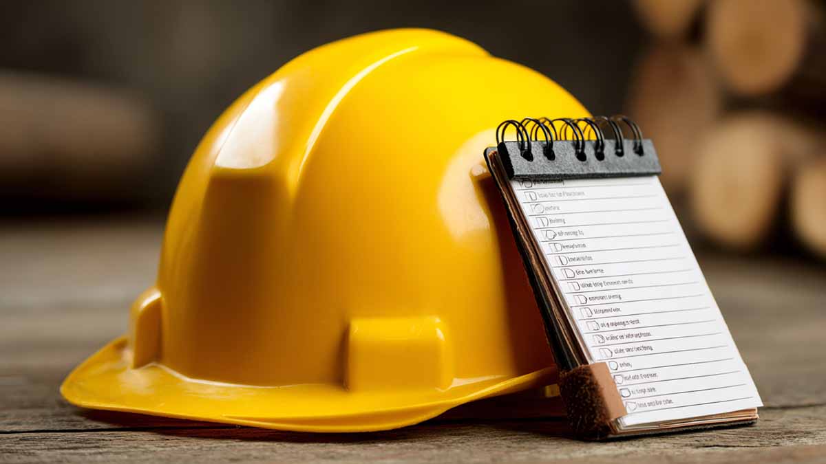 Hard hat with shopping list leaning against it