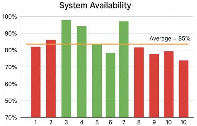 A typical bar chart showing volatile monthly schedule compliance data, with some bars colored red and some green against a target line.