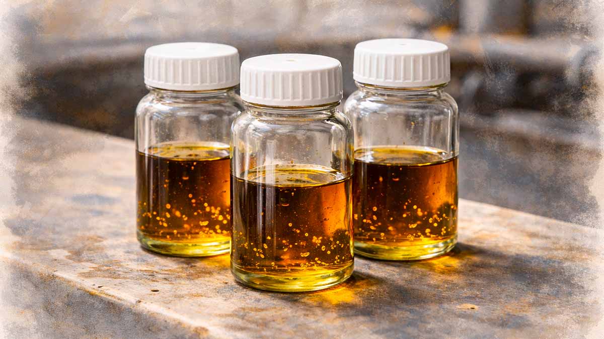 Three oil sampling bottles half full of oil