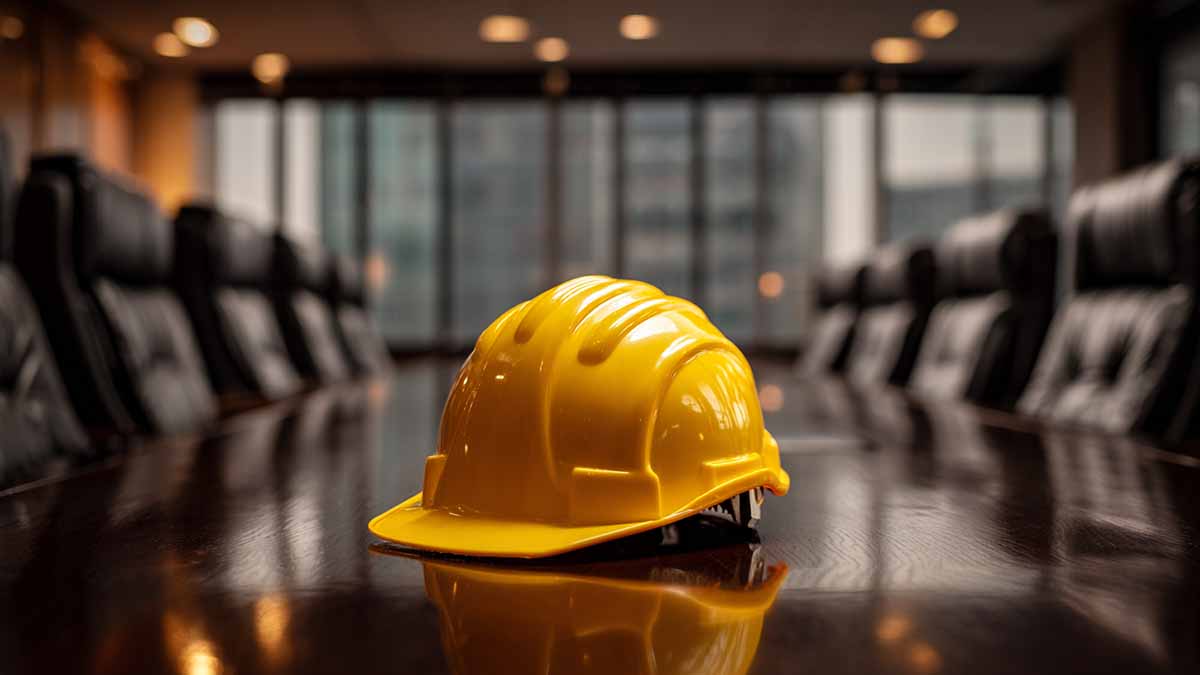 Hard hat sitting on board room table