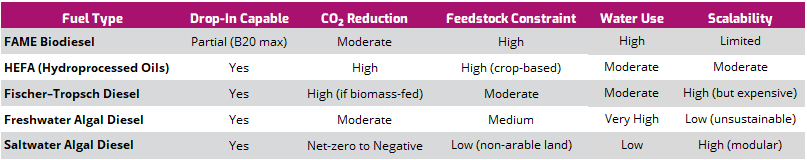 Table 1 - Comparative biofuel options.